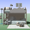 Cute Kids Bedroom Bunk Bed With Cloud Shaped Headboard Pillows And Ice Cream Paintings