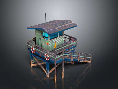 Elevated Lifeguard Tower With Blue Roof Green Walls Lifebuoys And Wooden Stairs 3d model