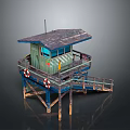 Elevated Lifeguard Tower With Blue Roof Green Walls Lifebuoys And Wooden Stairs