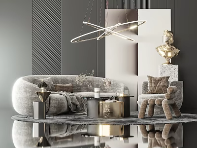 Elegant Modern Sofa And Coffee Table Set With Metallic Sculpture Throw Pillows And Chandelier 3d model