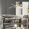 Elegant Modern Sofa And Coffee Table Set With Metallic Sculpture Throw Pillows And Chandelier