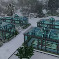 Glass Greenhouses with Dome Roofs in Lush Garden Landscape Surrounded by Trees and Pathways