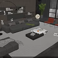 Modern Living Room With Gray Sofa And Coffee Table Set Red Chairs Green Plant