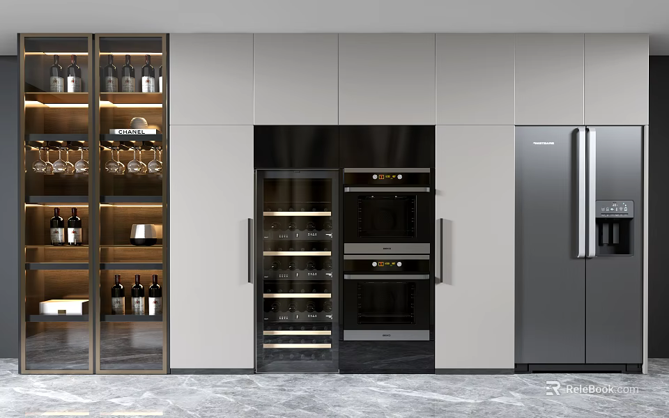Modern Wine Cabinet With Glass Door Wine Storage And Refrigerator In Kitchen 3d model 