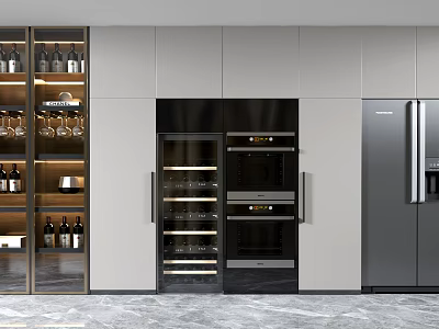 Modern Wine Cabinet With Glass Door Wine Storage And Refrigerator In Kitchen 3d model