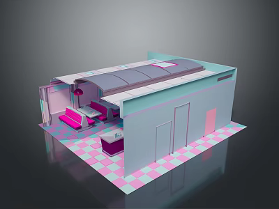 Modern Room Interior With Pink And Blue Checkered Floor Sofa And Coffee Table 3d model