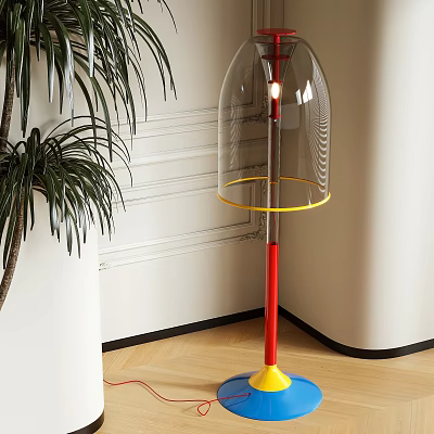 Modern Floor Lamp With Transparent Shade Red Pole Yellow Base And Indoor Plant 3d model