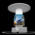 Modern Display Stand With Digital Screens Showing Solar Panels Power Lines And Sunset