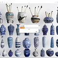 Assorted Blue and White Ceramic Vessels with Traditional Decorative Patterns and Different Shapes