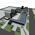 Modern Urban Architecture Exterior With Glass Facade Geometric Roof Tall Buildings Trees And Pedestrians