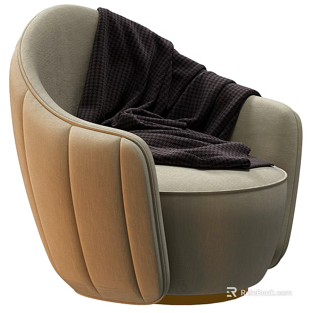 Modern Single Sofa With Curved Back Light Gray Upholstery And Dark Plaid Blanket 3d model 