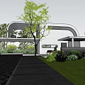 Modern White Building with Curved Roof Large Glass Windows Green Trees Lawn and Black Driveway