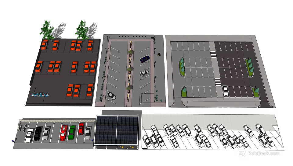Various Parking Lot Design Layouts With Solar Panels Greenery And Vehicle Spaces 3d model 