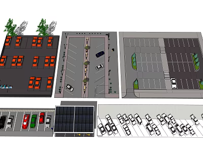 Various Parking Lot Design Layouts With Solar Panels Greenery And Vehicle Spaces 3d model