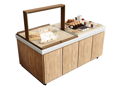 Food Display Cabinet With Wooden Structure Glass Cover And Assorted Dessert Pastries 3d model