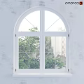 Sleek White Double Casement Windows With Grid Panes Handles And Arched Top