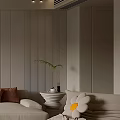 Modern Living Room Interior Design With Beige Sofa Round Coffee Table And Green Plants