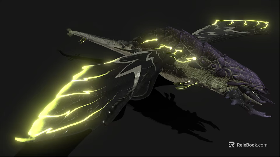 Mythical Dragon And Rider With Glowing Yellow Lines On Intricate Black Wings 3d model 