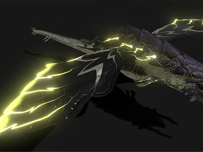 Mythical Dragon And Rider With Glowing Yellow Lines On Intricate Black Wings 3d model