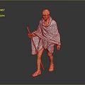 Bald Headed Barefoot Man In Light Colored Robe Holding Staff Model Figure Against Dark Background