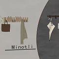 Minotli Wooden Wall Mounted Hanger With Brown Bag Gray Scarf Umbrella On Light Wall