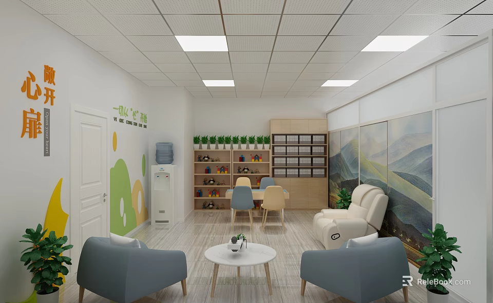 Cozy Indoor Activity Space With Green Yellow Wall Patterns Bookshelves Sofas And Landscape Backdrop 3d model