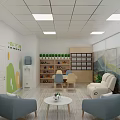 Cozy Indoor Activity Space With Green Yellow Wall Patterns Bookshelves Sofas And Landscape Backdrop 3d model