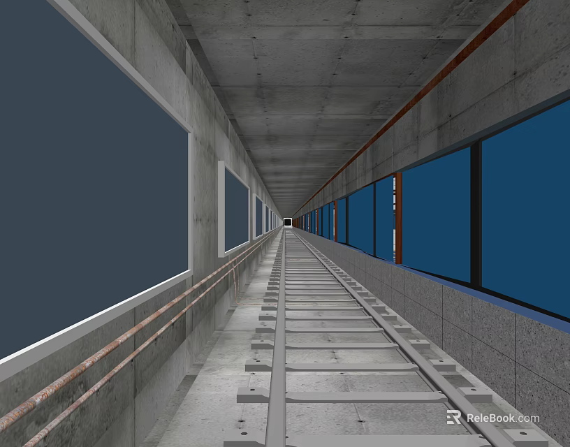 Long Station Platform With Concrete Walls Blue Windows And Railings 3d model 