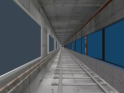 Long Station Platform With Concrete Walls Blue Windows And Railings 3d model