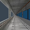 Long Station Platform With Concrete Walls Blue Windows And Railings
