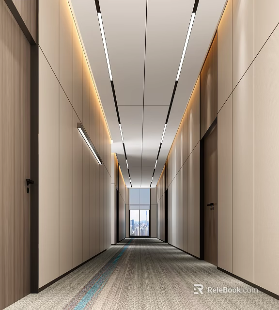 Modern Elevator Hallway Interior With Recessed Lighting And Wooden Wall Panels 3d model