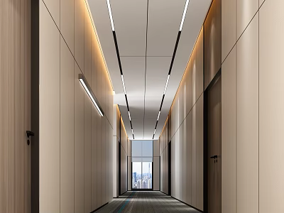 Modern Elevator Hallway Interior With Recessed Lighting And Wooden Wall Panels 3d model