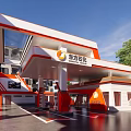 Orange Canopy Gas Station With Fuel Dispensers Motorcycle And Blue Sky