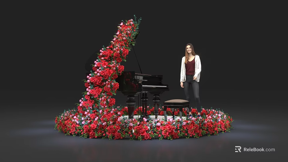 Floral Installation Surrounding Black Piano With Red And Pink Flowers And Woman Standing By 3d model 
