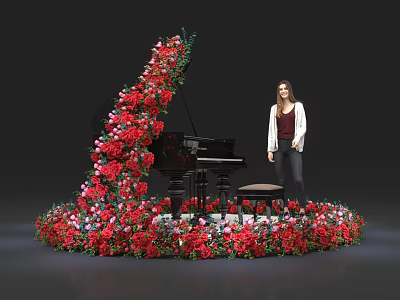 Floral Installation Surrounding Black Piano With Red And Pink Flowers And Woman Standing By 3d model