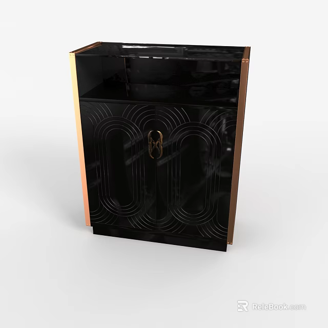 Modern Elegant Black Shoe Cabinet With Gold Accents And Geometric Door Patterns 3d model 