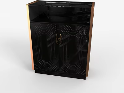Modern Elegant Black Shoe Cabinet With Gold Accents And Geometric Door Patterns 3d model