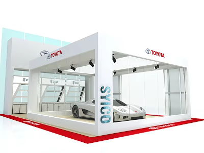 Toyota Exhibition Booth Display With White Structure Glass Walls Lighting And Sports Car 3d model