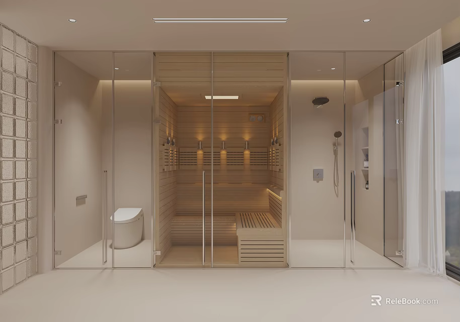 Modern Bathroom Interior With Glass Enclosed Wooden Sauna Toilet And Shower Area 3d model 