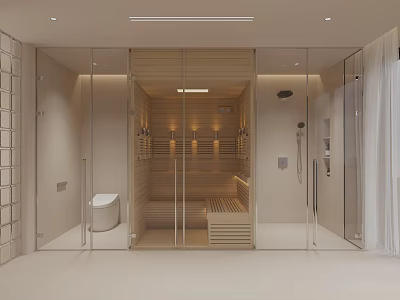 Modern Bathroom Interior With Glass Enclosed Wooden Sauna Toilet And Shower Area 3d model