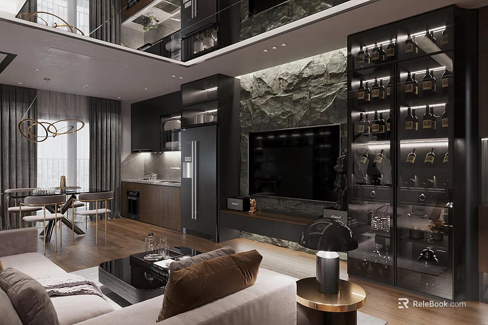 Modern Living And Dining Room Interior With Dark Wine Cabinet Marble Wall Sofa And Chandelier 3d model 