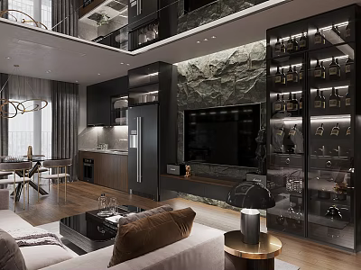 Modern Living And Dining Room Interior With Dark Wine Cabinet Marble Wall Sofa And Chandelier 3d model