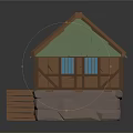 Traditional Rustic Wooden Cottage Exterior With Green Roof Blue Windows And Wooden Steps