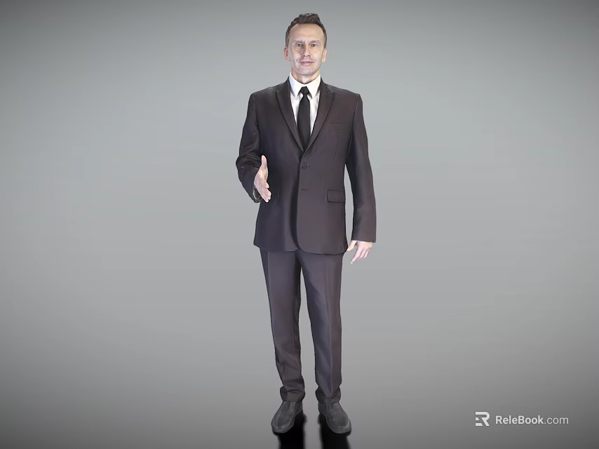 A Man In Dark Suit Standing Against Gray Background With Right Hand Extended For Greeting 3d model 