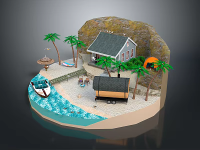 Scenic Beach Landscape With Small House Palm Trees Boat Tent And Rocky Hill 3d model