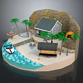 Scenic Beach Landscape With Small House Palm Trees Boat Tent And Rocky Hill