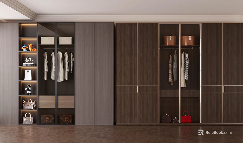 Modern Elegant Wardrobe with Glass Doors Wooden Cabinetry Hanging Area Storage Boxes Shoes and Bags 3d model 