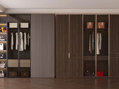 Modern Elegant Wardrobe with Glass Doors Wooden Cabinetry Hanging Area Storage Boxes Shoes and Bags 3d model