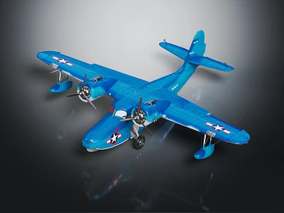 Blue Model Airplane With Twin Propellers White Star Decals And Floats 3d model