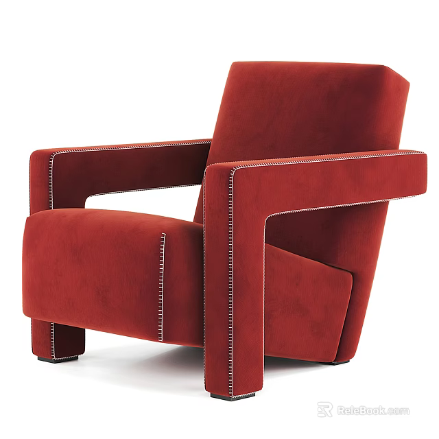 Red Velvet Single Sofa with White Stitching Structured Armrest and Modern Minimalist Design 3d model 